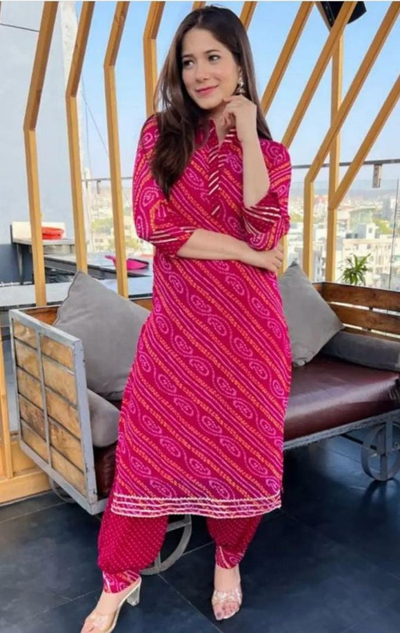 Shop Plus Size Pink Gota Work Jaipuri Lehariya Anarkali Kurti – Lee Moda